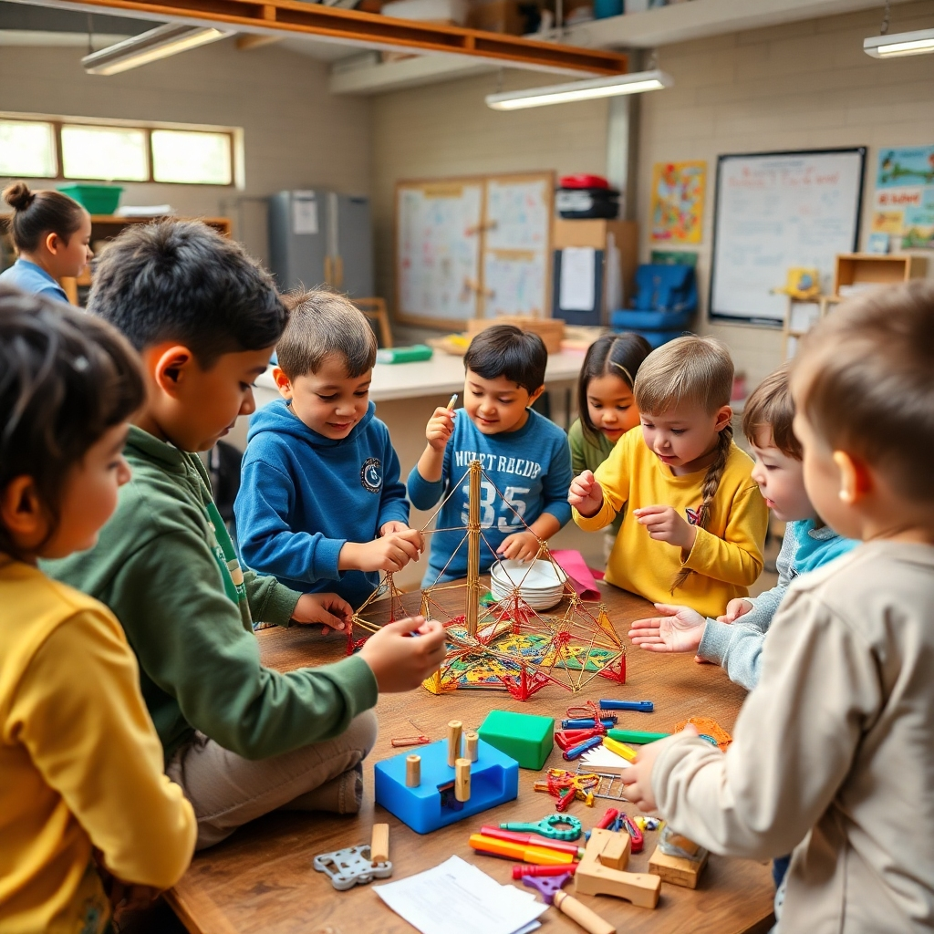 Image of children participating in a skill-building workshop, actively engaged in activities like building structures, solving puzzles, and presenting ideas. The atmosphere is energetic and collaborative. Style: Dynamic and engaging, showcasing the interactive nature of the workshops. Technical specs: 4k, high quality, detailed.