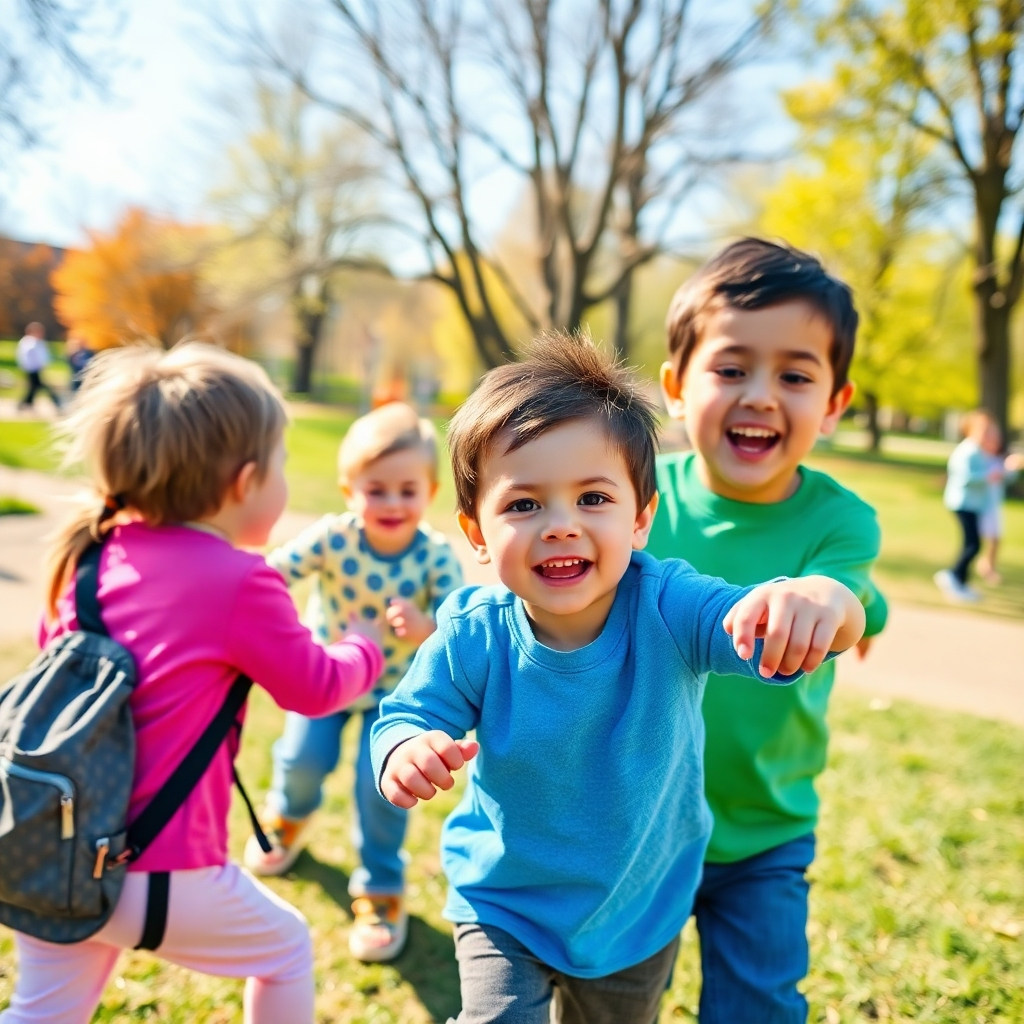 Image of children playing in a park on a bright Wednesday, using bright, playful colors. Style should be vibrant and highly detailed, capturing the energy of children's play. Lighting should be natural and well-balanced. Use a wide-angle shot to showcase all the fun.