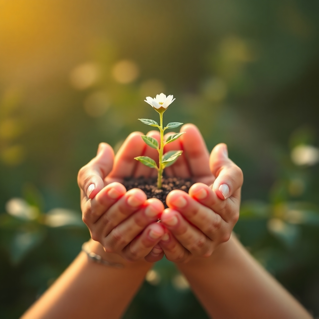 Image of hands holding a small, flowering plant, symbolizing growth and gratitude. Use warm, natural lighting and soft pastel colors. 4K resolution.