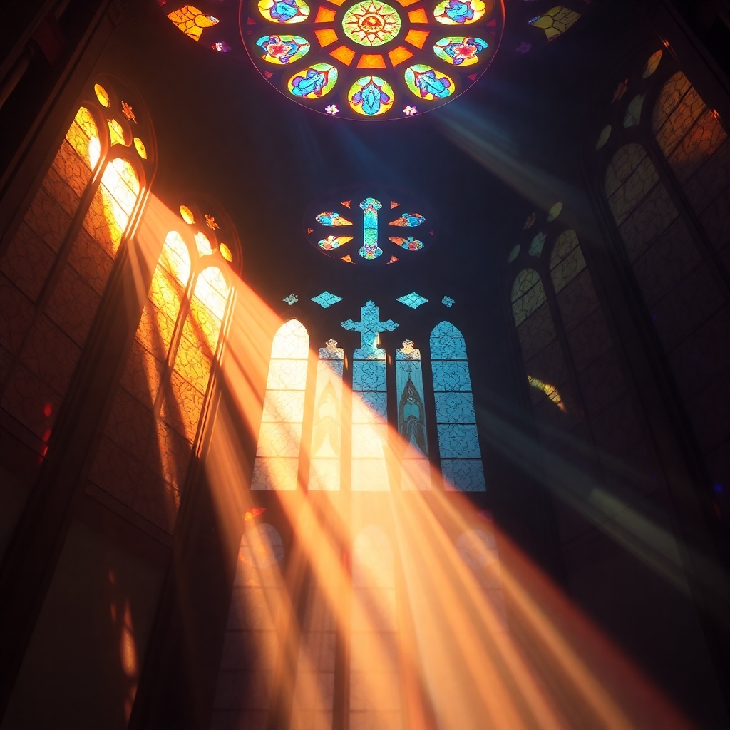 Image of sunlight streaming through stained glass, conveying a sense of spiritual light and energy. Use vivid colors. 4K resolution.