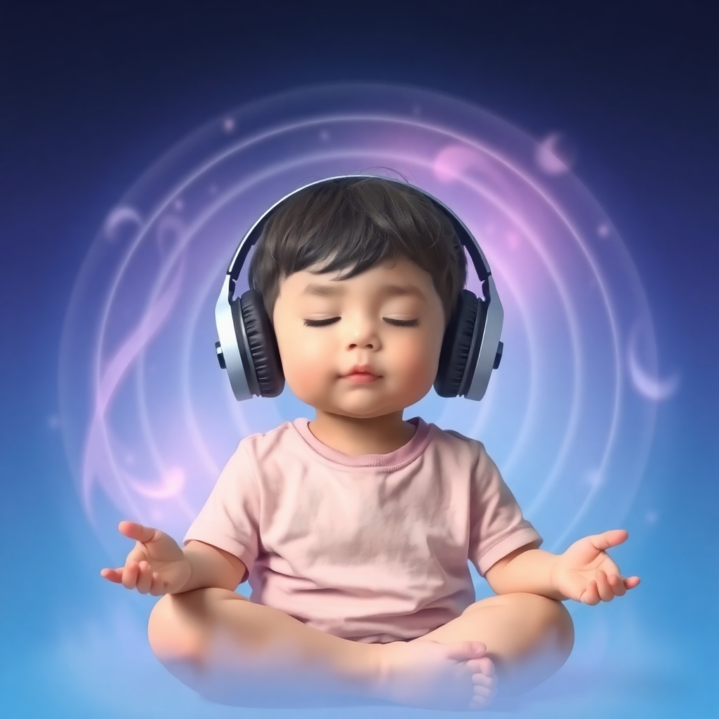  Imagine a child peacefully meditating while surrounded by gentle, swirling sound waves visualized as soft, ethereal colors. The child is wearing headphones, eyes closed, with a serene expression. The background is a calming gradient of blues and purples. The lighting is soft and diffused to create a sense of tranquility. The style should be stylized and dreamlike. Technical specs: 4K resolution, high quality.
