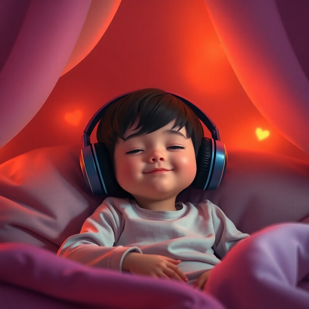 Imagine a child relaxing in a cozy space, listening to soothing sounds through headphones. The room is dimly lit with soft, warm colors, creating a sense of comfort and security. The child's face is relaxed and peaceful. The style should be stylized and dreamlike, emphasizing the calming effect of sound healing. Technical specs: 4K resolution, high quality.