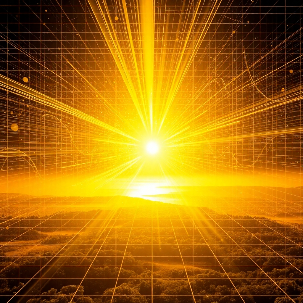 Imagine a digital grid being shattered by a burst of golden light and sound waves. Show particles of the grid dissolving, revealing a vibrant natural landscape underneath. Style: Sci-fi meets spiritual, with a focus on liberation.