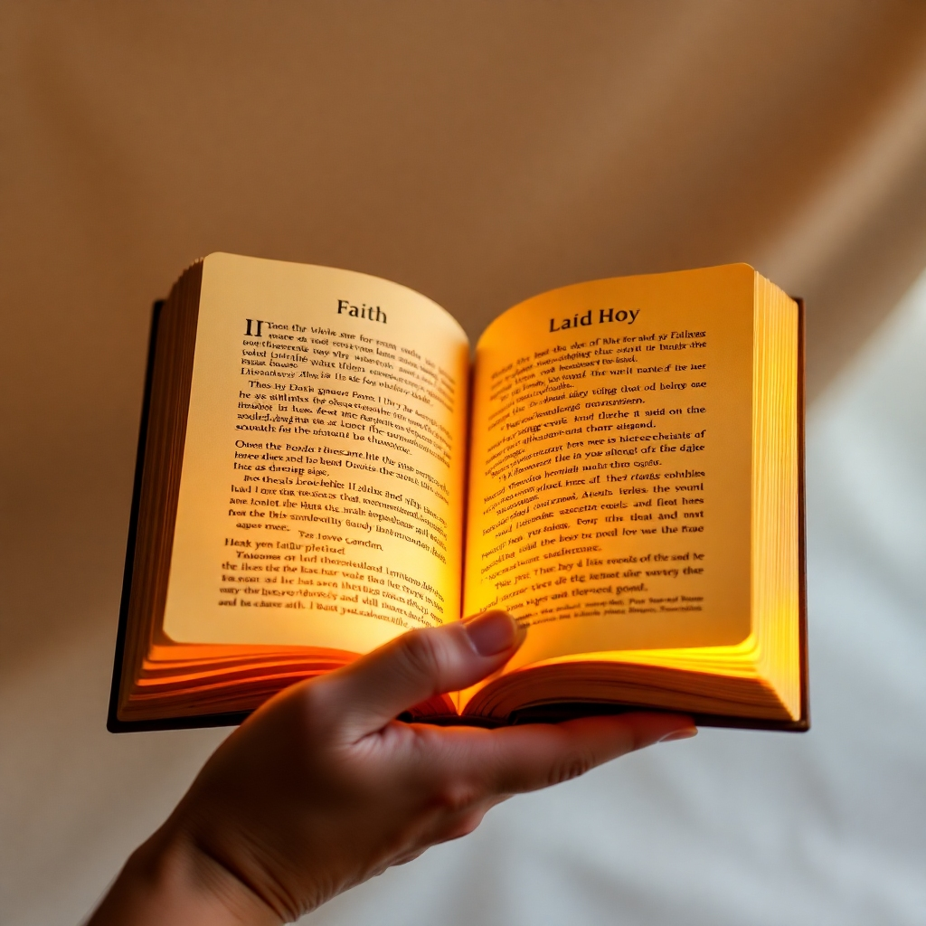 Imagine a hand gently holding an open book illuminated by a warm, golden light. The pages of the book glow with intricate symbols and text representing faith and divine guidance. The background should be soft and ethereal, with subtle hints of celestial imagery.