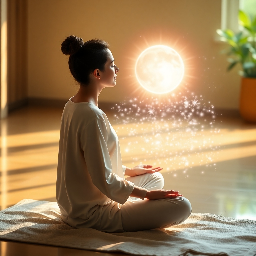Imagine a person meditating in a serene environment, visualizing their ideal future. The visualization is manifesting around them as a shimmering, holographic reality. Style: Peaceful, transformative, and visionary.