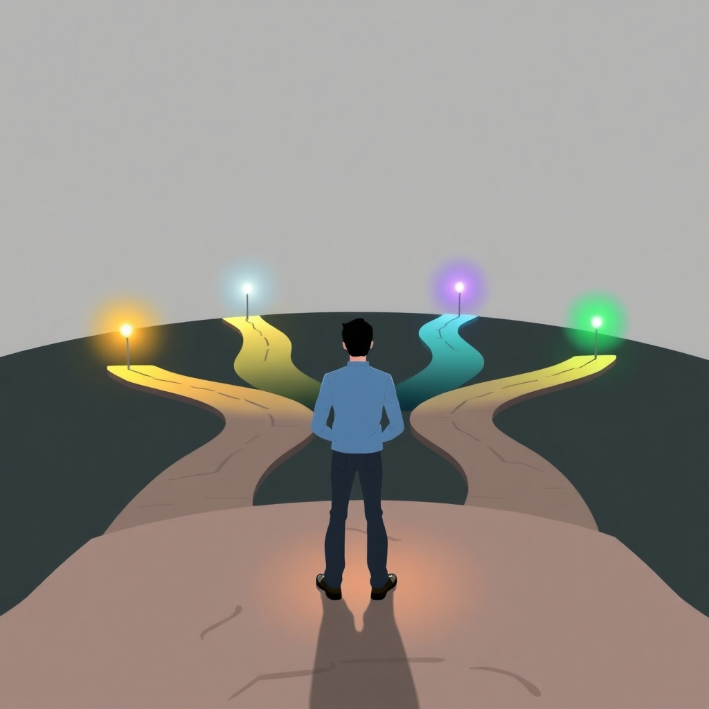 Imagine a person standing at a crossroads, with multiple paths leading to different destinations. Each path is illuminated by a unique light, representing various opportunities. Style: Stylized, metaphorical.