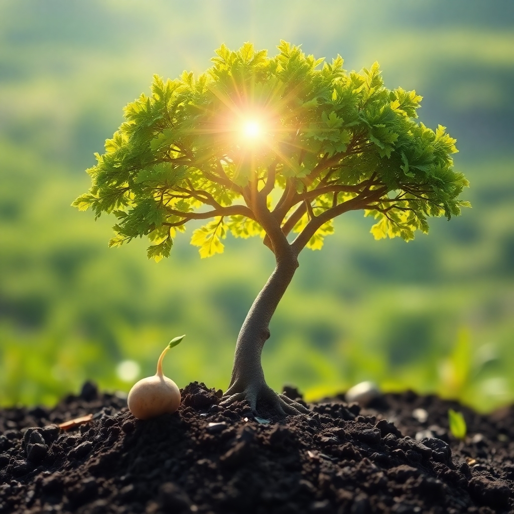 Imagine a seed sprouting from the ground, growing into a strong and vibrant tree. The tree is bathed in sunlight, symbolizing growth, transformation, and spiritual development. The background should be a lush and fertile landscape.