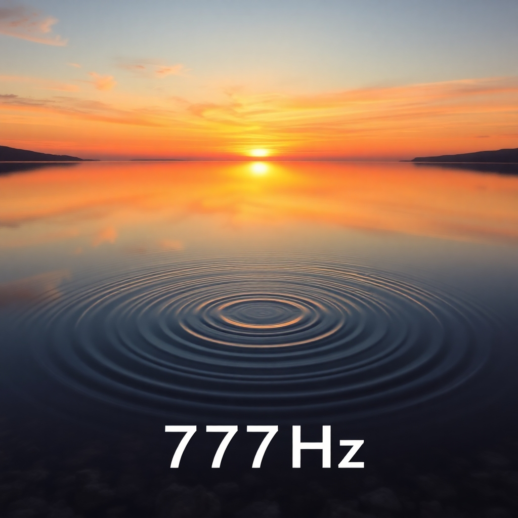 Imagine a serene landscape with a crystal-clear lake reflecting a vibrant sunset. Gentle ripples emanate from the center of the lake, symbolizing the calming effects of the 777Hz frequency. Use warm colors to evoke a sense of peace.