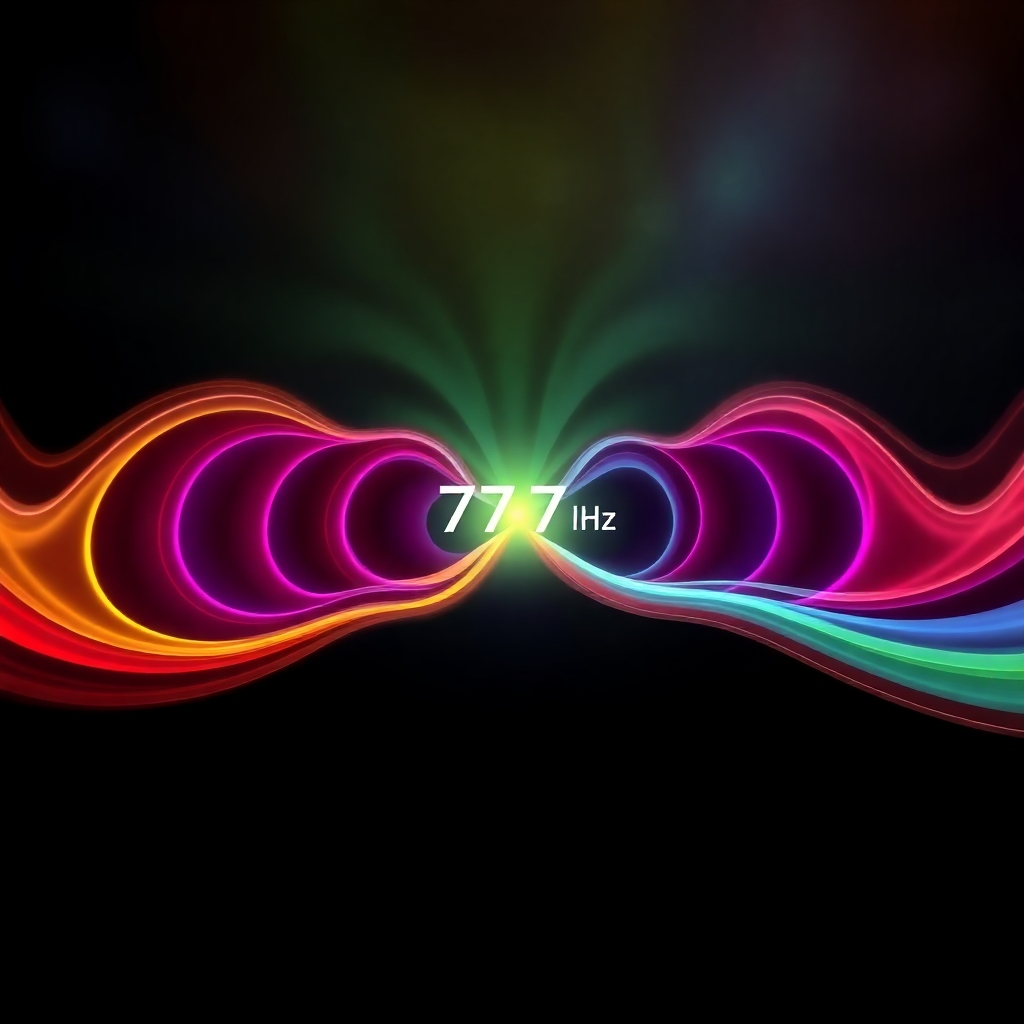 Imagine a series of swirling, interconnected sound waves in vibrant, harmonious colors. The waves radiate outwards from a central point, creating a visual representation of the healing power of 777Hz frequency. The overall feeling should be one of peace and harmony.