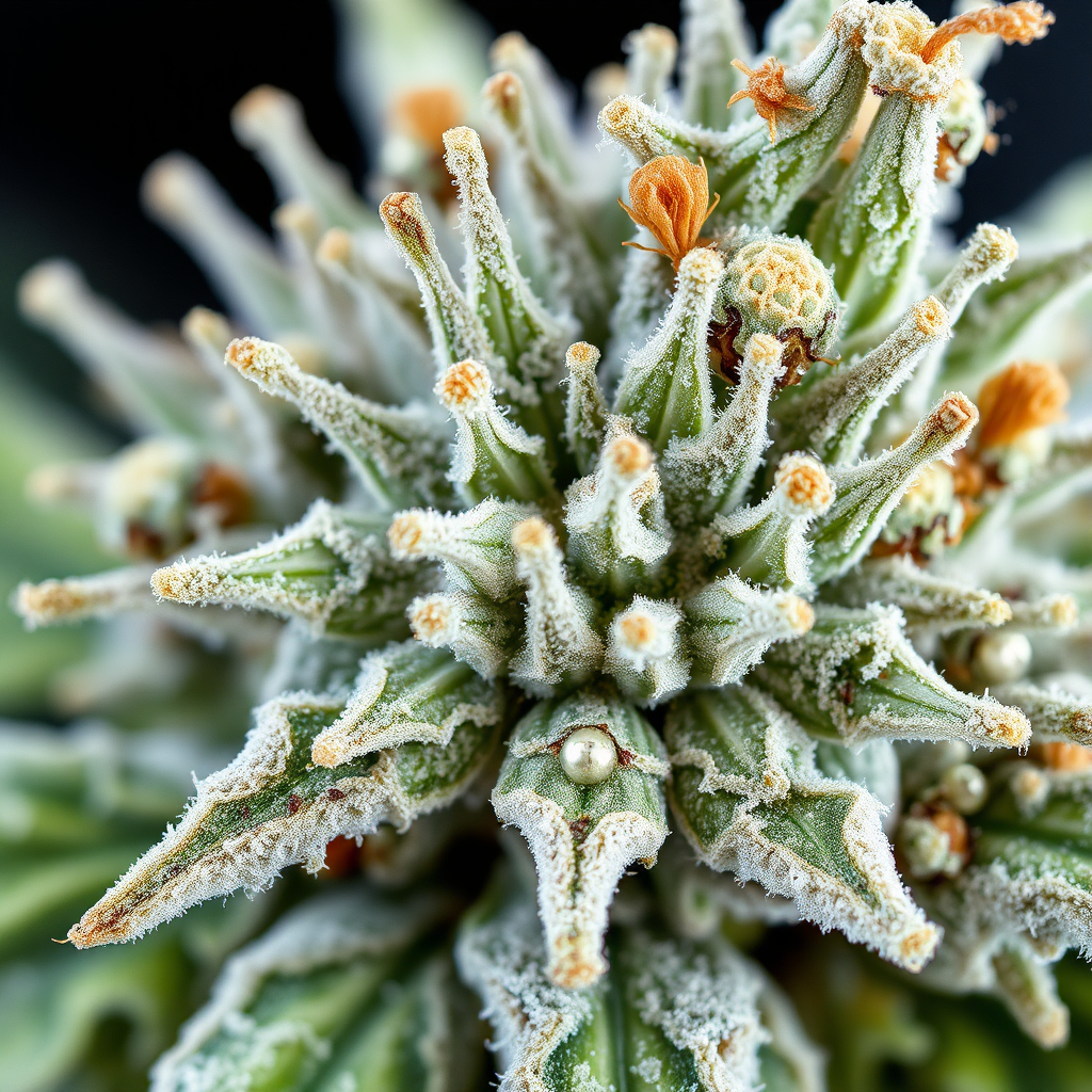 Macro photograph demonstrating the intricate structure of cannabis trichomes, highlighting their role in pest resistance. Use a microscopic level to show a healthy vs unhealthy plant. Style: Scientific imaging, microphotography. 4K resolution.