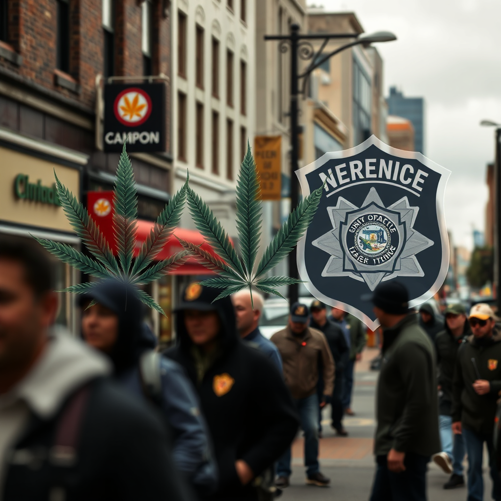 Photorealistic 8K image depicting a street scene in Norfolk, Virginia. In the foreground, blurred figures represent everyday citizens and business owners. Overlaid on the scene, in a slightly transparent and subtle way, are images of cannabis leaves and law enforcement badges. The overall mood is one of uncertainty and transition. Lighting is overcast, creating a somber tone. Camera angle is slightly elevated, providing a broad view of the city. Textures are highly detailed, showcasing the urban environment. The style is realistic, avoiding overly dramatic or sensational elements. Reference the visual style of contemporary news photography for inspiration. Props include subtle representations of cannabis products and legal documents. The focus should be on conveying the tension and complexity of the evolving cannabis landscape in Norfolk.