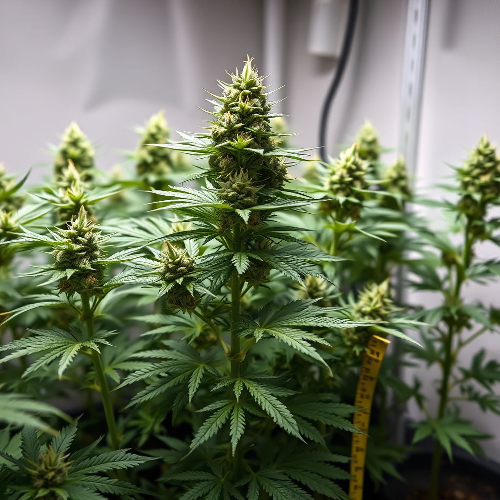Photorealistic depiction of several mature cannabis plants, with a visual element subtly indicating a count limit (e.g., a measuring tape marking a specific area). The plants should be healthy and well-maintained, highlighting the potential of home growing within the legal limits. The background should be a clean and organized grow space, suggesting responsible cultivation. Style: Horticultural photography. 4K resolution.