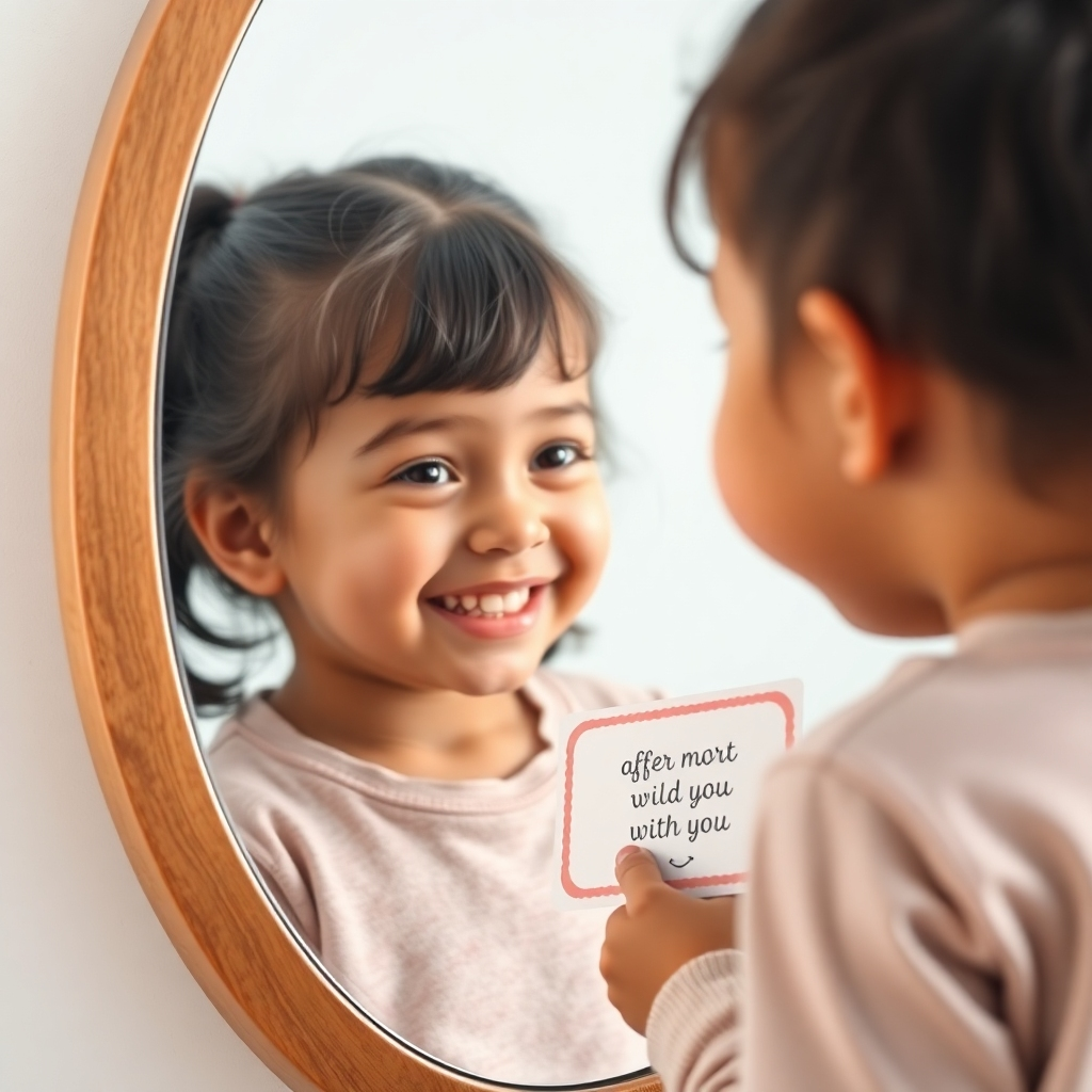 Photorealistic image, 4K resolution. Show a child looking at themselves in the mirror, smiling at their reflection while holding an affirmation card.  Use soft lighting and a close-up shot focusing on the child's face. Background should be a simple, clean backdrop. Include realistic details of the mirror and card texture.