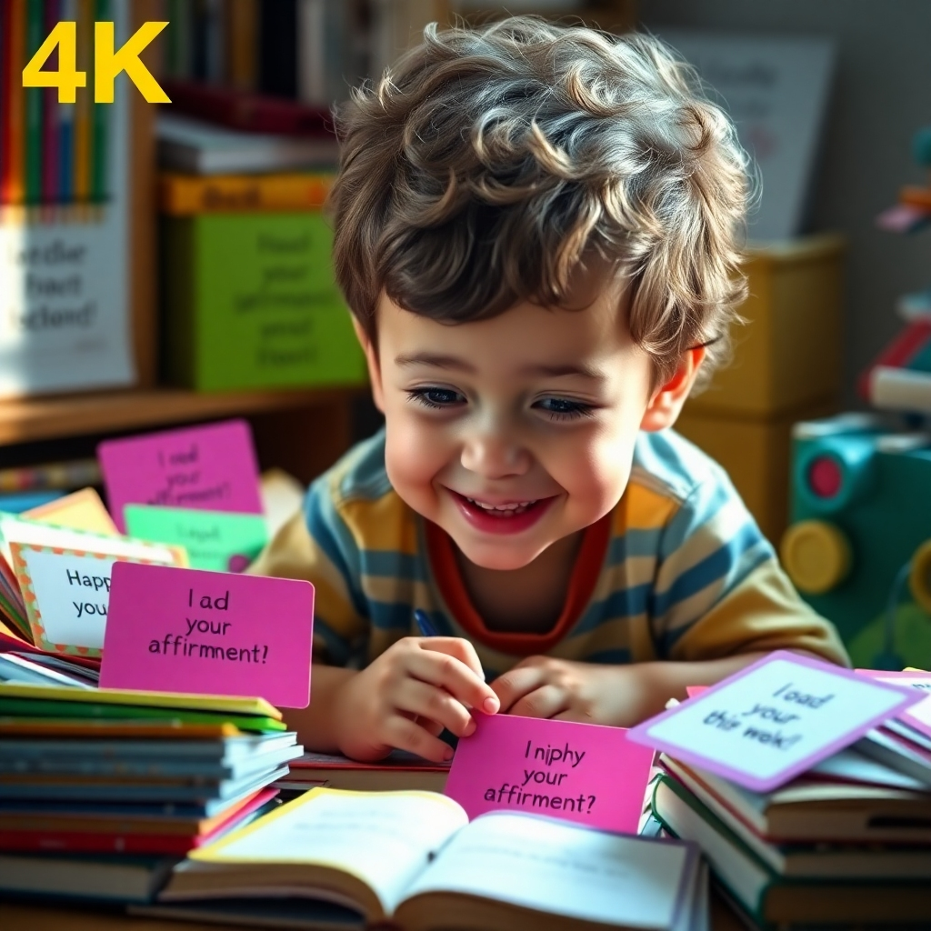 Photorealistic image, 4K resolution. Depict a child surrounded by colorful, fun affirmation cards, possibly playing or studying.  Focus on creating a sense of joy and creativity. Use vibrant colors and natural lighting to create a playful atmosphere. Include realistic details of the cards, child's expression, and toys/books.