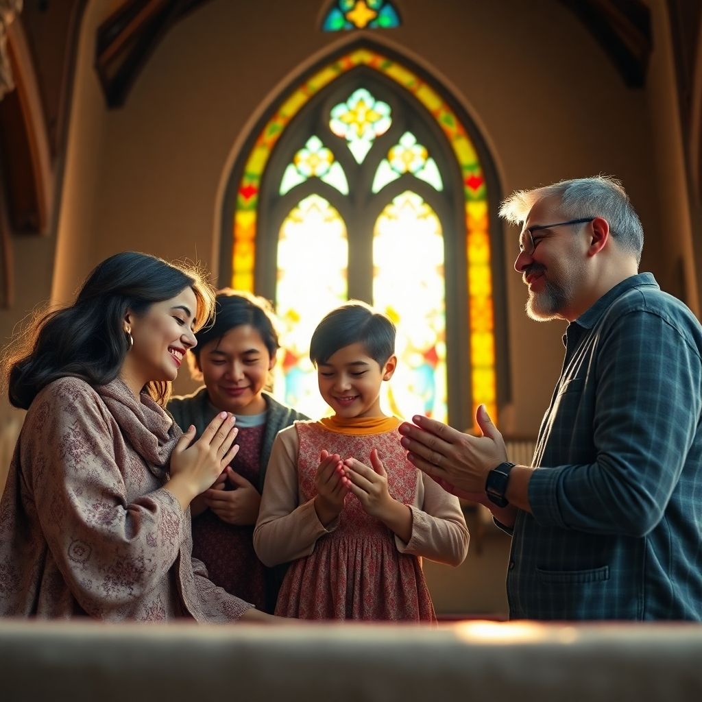 Photorealistic image, 4K resolution, of a family happily praying together, sun streaming through stained-glass window, colors warm and inviting