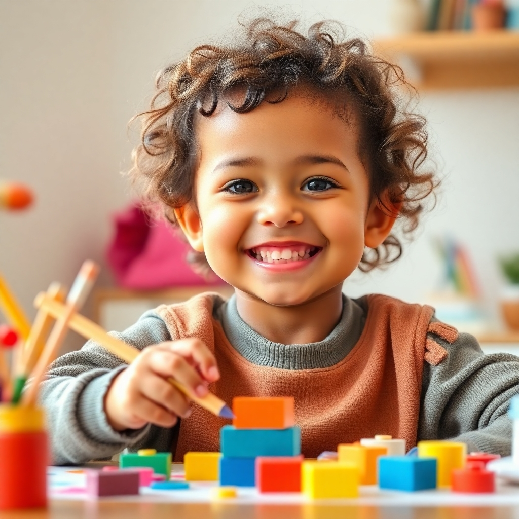 Photorealistic image: A child beaming with confidence, actively engaged in a fun morning activity, such as painting or playing with building blocks. The style should be bright, lively, and joyful.