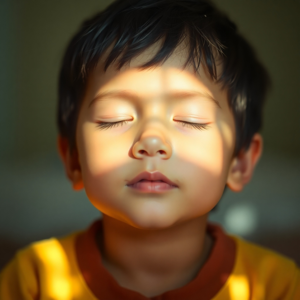 Photorealistic image: A child peacefully meditating with eyes closed, surrounded by soft, glowing light.  Focus on the details of light and serene facial expression.  Style should be similar to macro photography.