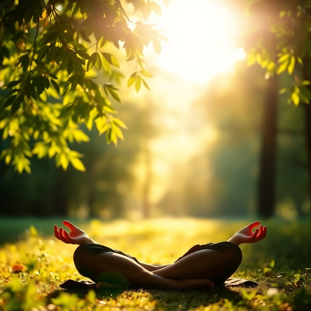 Photorealistic image: A person meditating in a peaceful natural setting, sunlight streaming through the leaves. Colors: Calm greens and soft golds. Style: Serene and peaceful. Technical Specs: 4K resolution