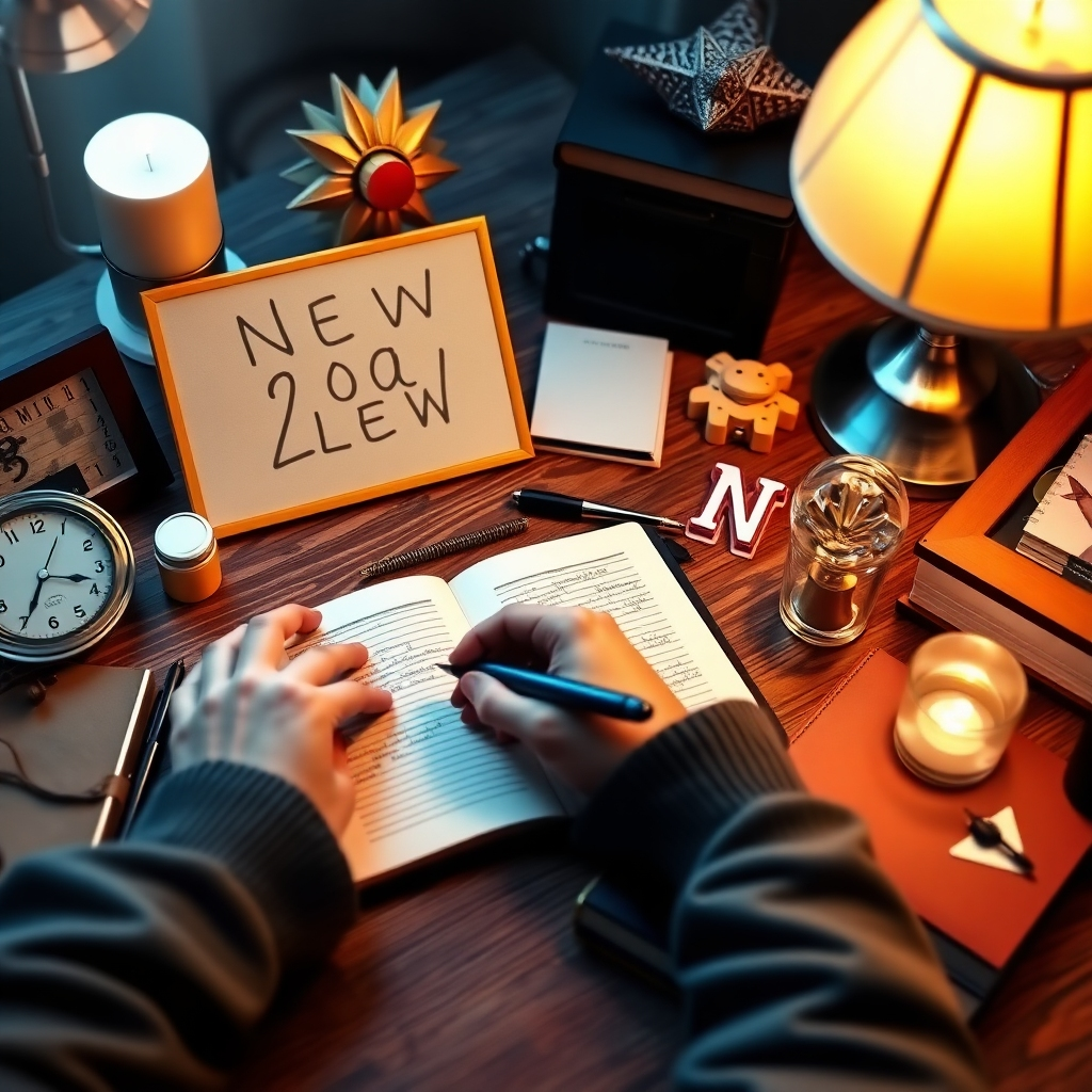 Photorealistic image: A person writing in a journal, surrounded by inspirational objects, symbolizing goal setting and positive thinking for the new year. Style: Motivational and aspirational. Technical specs: 4K resolution
