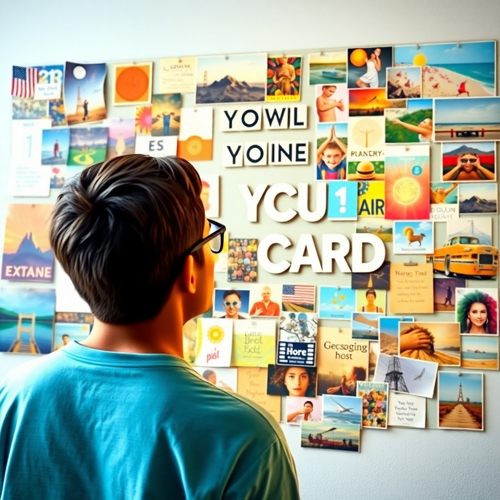 Photorealistic image: A person looking at a vision board filled with images and words representing their goals.  Focus should be on the positive and hopeful energy radiating from the vision board.  Color palette: Bright and vibrant. Style: Realistic and aspirational. Technical specs: 4K resolution
