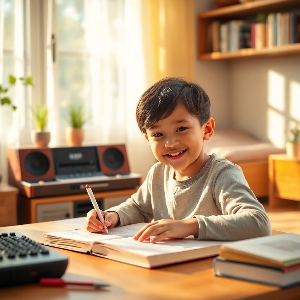 Photorealistic image: A warm, inviting room with a child happily studying and a music player softly playing in the background. The composition should highlight the serene atmosphere and the joy of learning. Natural, soft light.