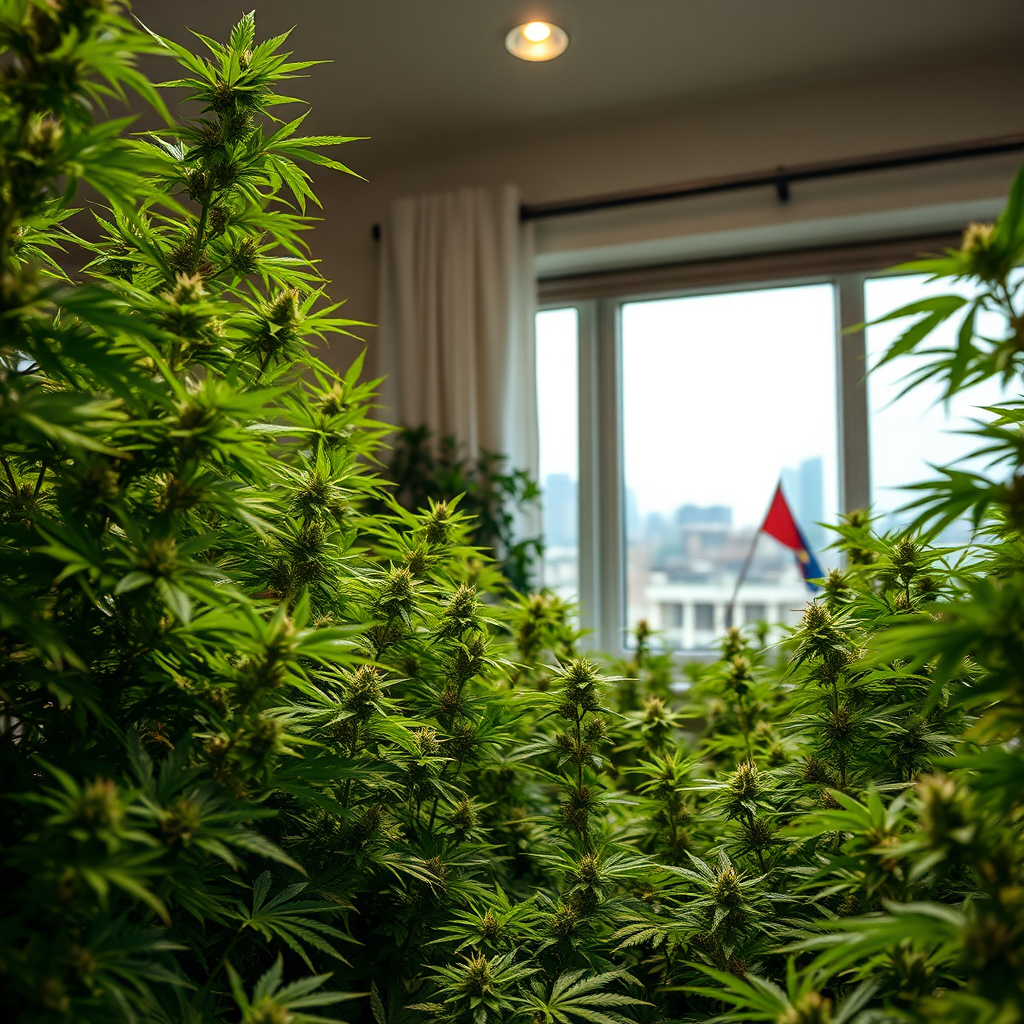 Photorealistic image depicting a lush indoor cannabis garden thriving inside a modern Norfolk home. The composition should showcase healthy, vibrant plants in various stages of growth. Soft, natural light streams in through a window, highlighting the rich green hues and intricate textures of the leaves. The environment should suggest a clean, organized, and legal operation, perhaps with visible temperature and humidity controls. Include subtle hints of Norfolk's cityscape in the background, visible through the window. The overall color palette should be calming and inviting, dominated by greens and earth tones. Shot from a slightly low angle to emphasize the abundance of the garden. A subtle Virginia state flag can be present. Style reference: Modern lifestyle photography with a focus on horticultural detail. 8K resolution, hyperrealistic.