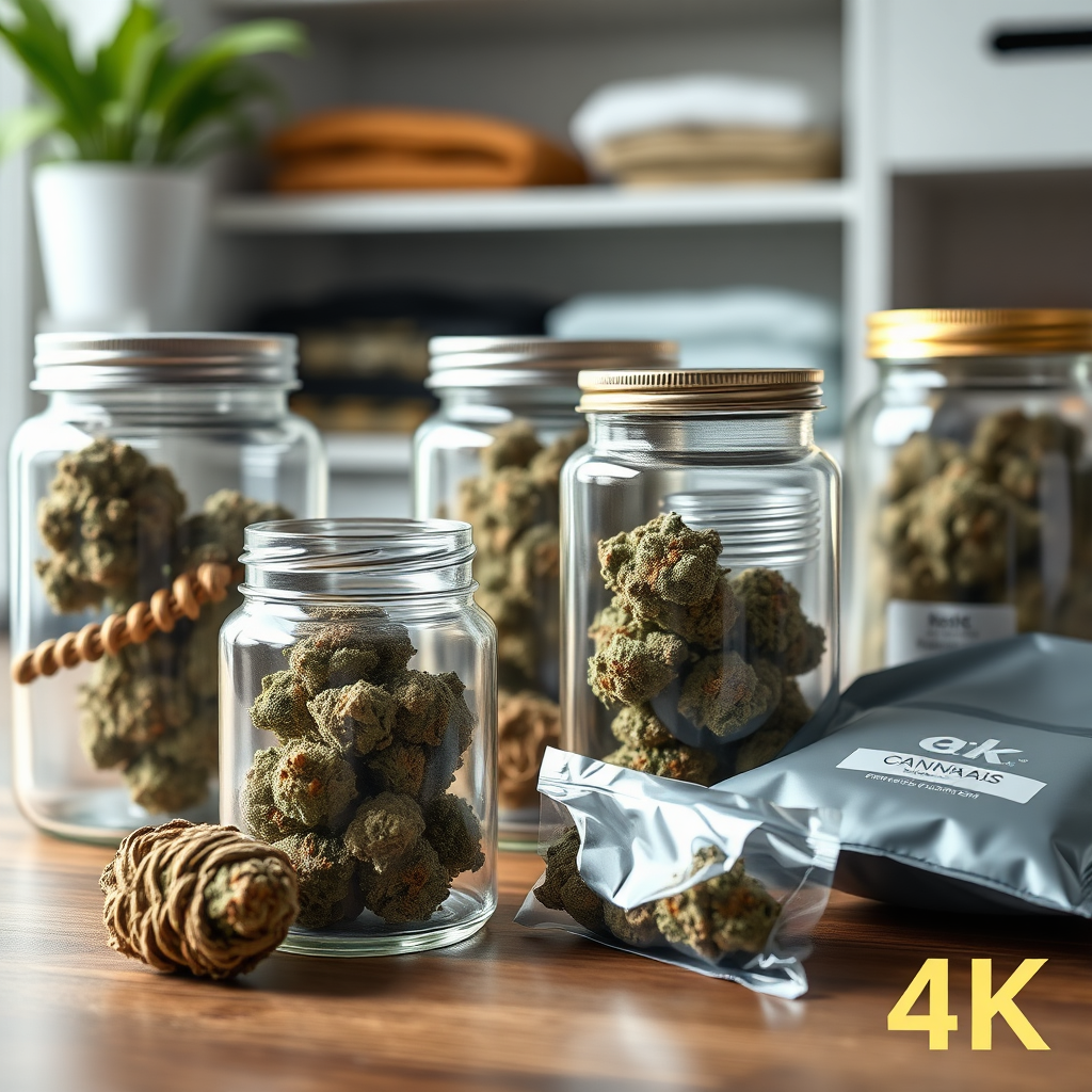 Photorealistic image depicting various storage solutions for cannabis flower, such as airtight jars and humidity control packs. The cannabis flower should be visible and visually appealing, showcasing its quality and potency. The background should be a clean and organized space, suggesting responsible storage. Style: Lifestyle photography. 4K resolution.