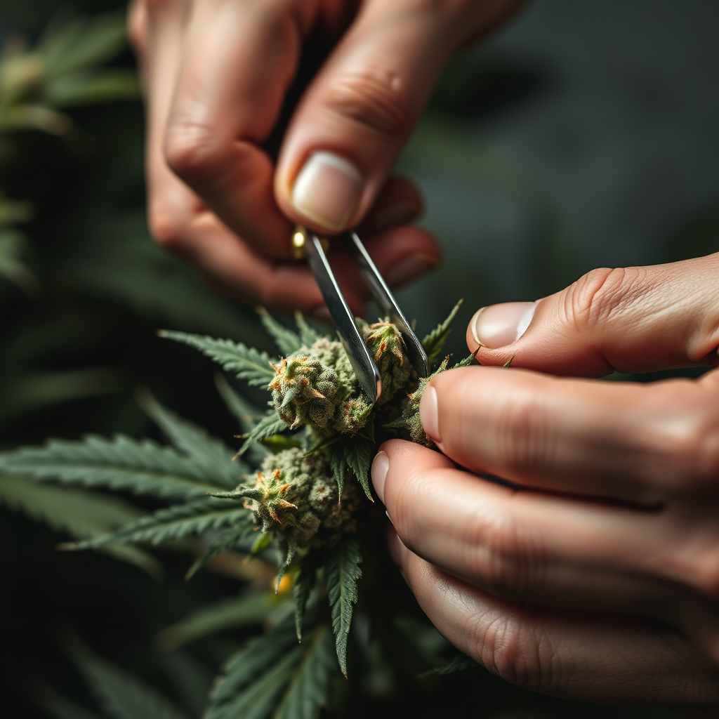Photorealistic image depicting hands delicately trimming freshly harvested cannabis buds. Focus on the trichomes and the texture of the plant. Background to be dark and shadowy, to focus on the buds. Style: Close up, Macro-photography. 4k resolution.