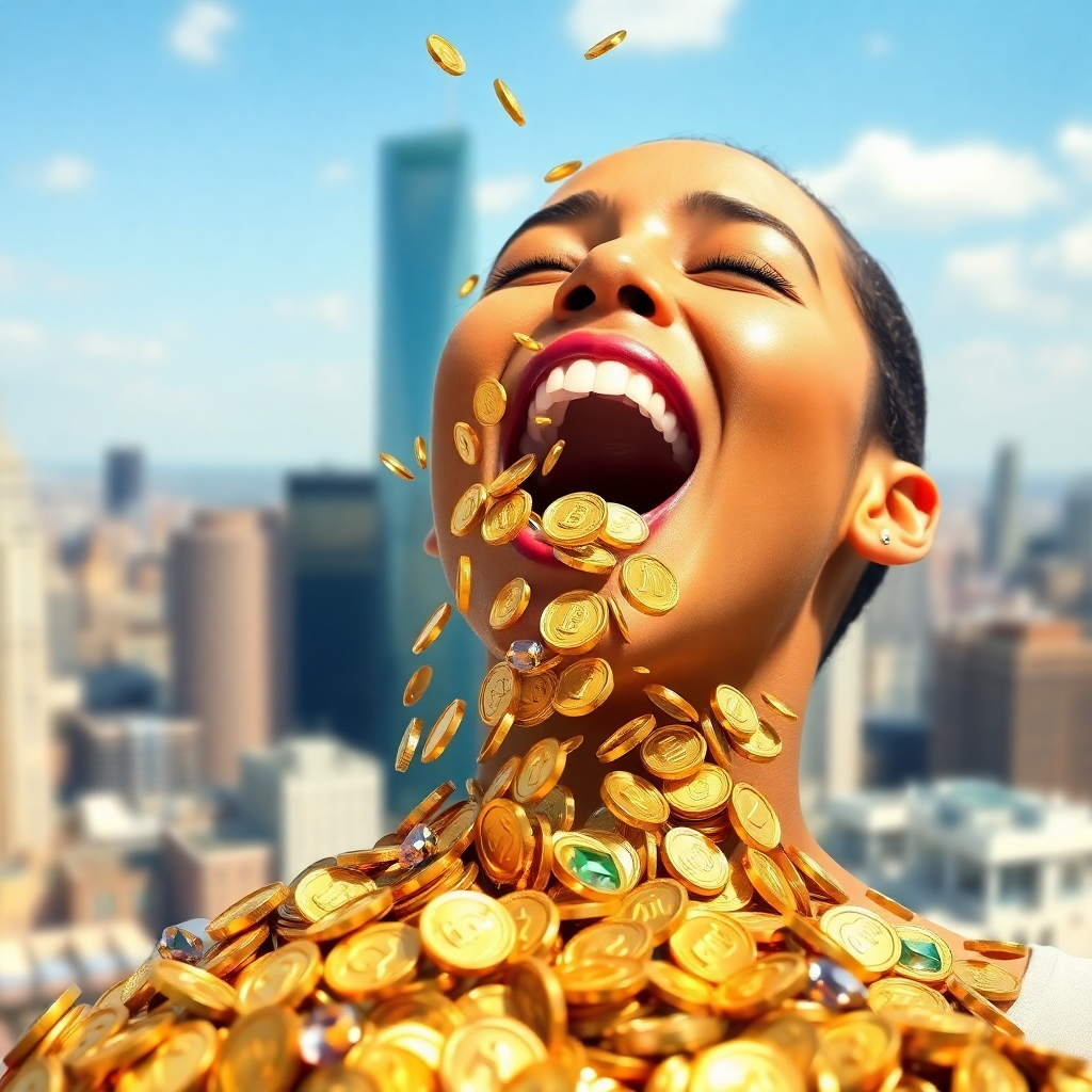 Photorealistic image depicting a cascade of gold coins and gems flowing from the mouth of a person speaking affirmations. The background is a blurred cityscape, symbolizing the potential for material abundance. The overall tone is bright and optimistic, emphasizing the power of positive self-talk. The person's expression is confident and joyful. The coins and gems are rendered with hyperrealistic detail, showcasing their luster and brilliance.
