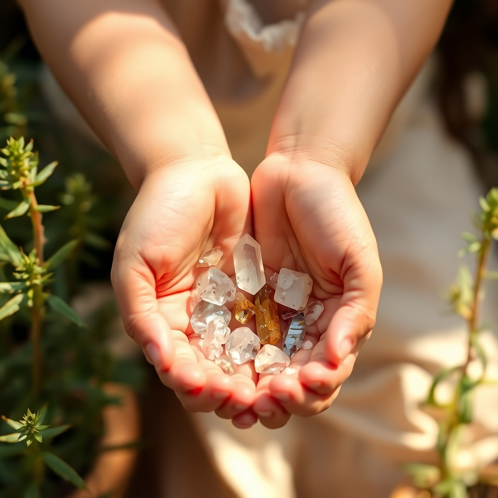 Photorealistic image of a child's hands holding small crystals, surrounded by plants. A warm, soft light bathes the scene, enhancing the relaxing and positive mood. The details of the crystals, textures and plants must be sharp and clear.
