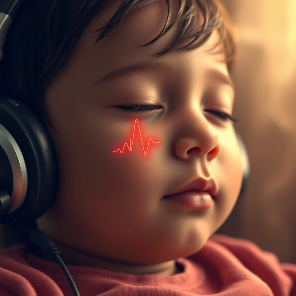 Photorealistic image of a child's face, relaxed and peaceful while listening to music, with a gentle heartbeat monitor visible. Resolution: 4K. Style: Warm lighting, focus on expressions.