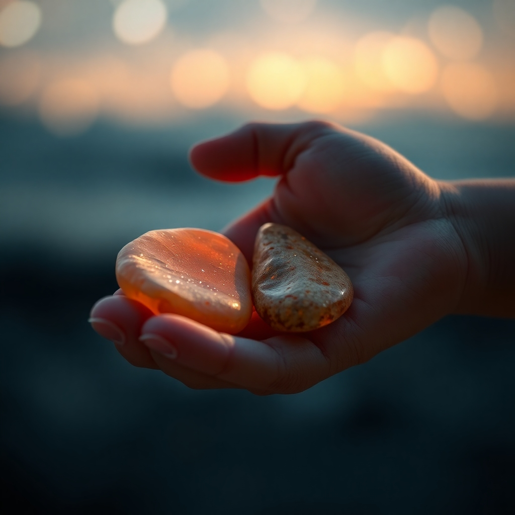 Photorealistic image of a child's hand gently holding two smooth, warm-toned stones. The stones are softly illuminated, creating subtle shadows and highlights. The background is a blurred image of a peaceful night sky.  Resolution: 4K. Style: Soft focus, warm lighting, focus on texture.