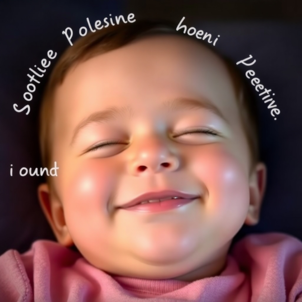 Photorealistic image of a child smiling peacefully while falling asleep, with positive words around them. Resolution: 4K. Style: Calm, focus on positive body language.