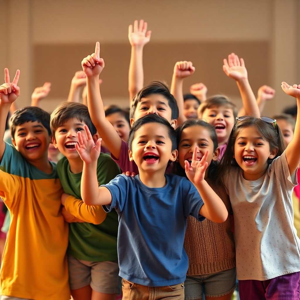 Photorealistic image of a diverse group of children celebrating an accomplishment, such as winning a game or completing a project, with joyful expressions and celebratory poses. High-resolution image with a warm and inviting color palette. Resolution: 4K. Style: Photorealistic. Color palette: Vibrant and celebratory.