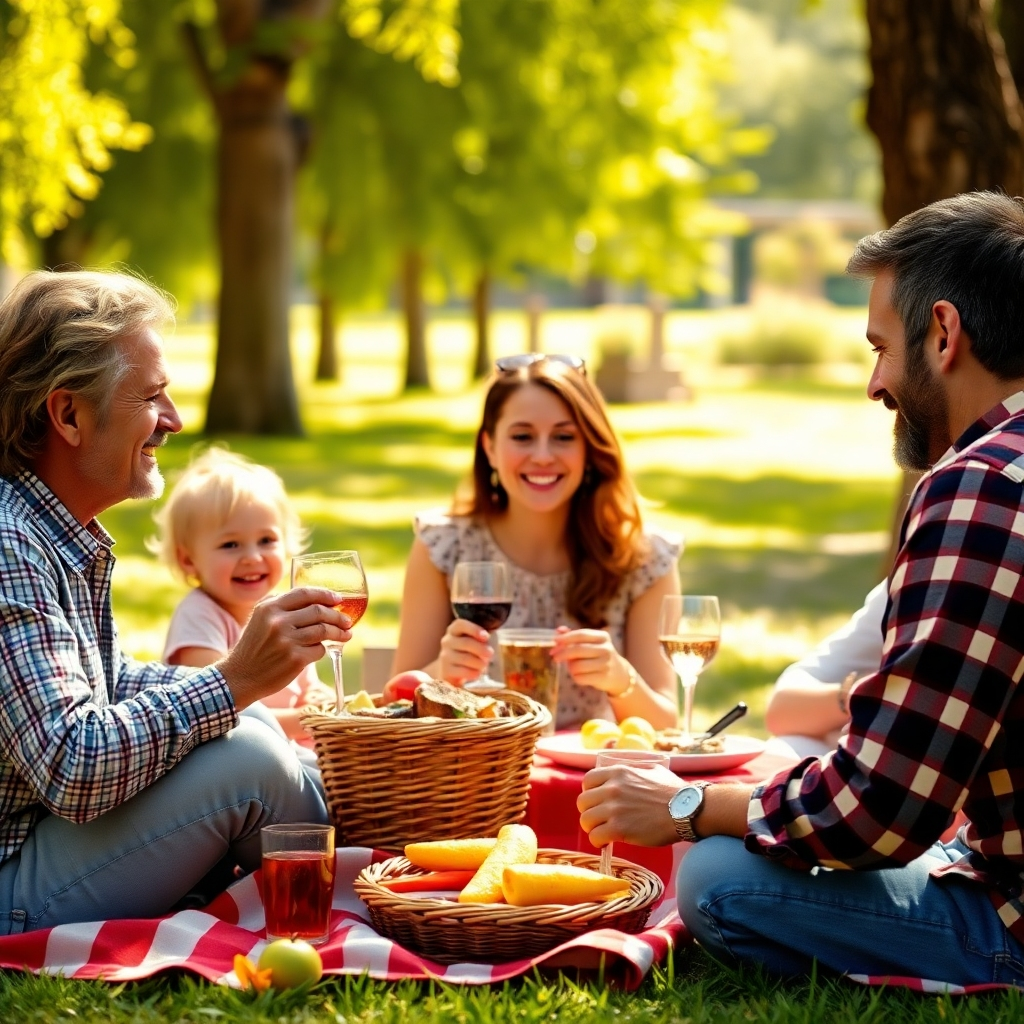 Photorealistic image of a family enjoying a picnic in a park on a sunny Sunday, with warm and inviting lighting. The image should capture the happiness and bonding of family time, using a high-quality, detailed style.