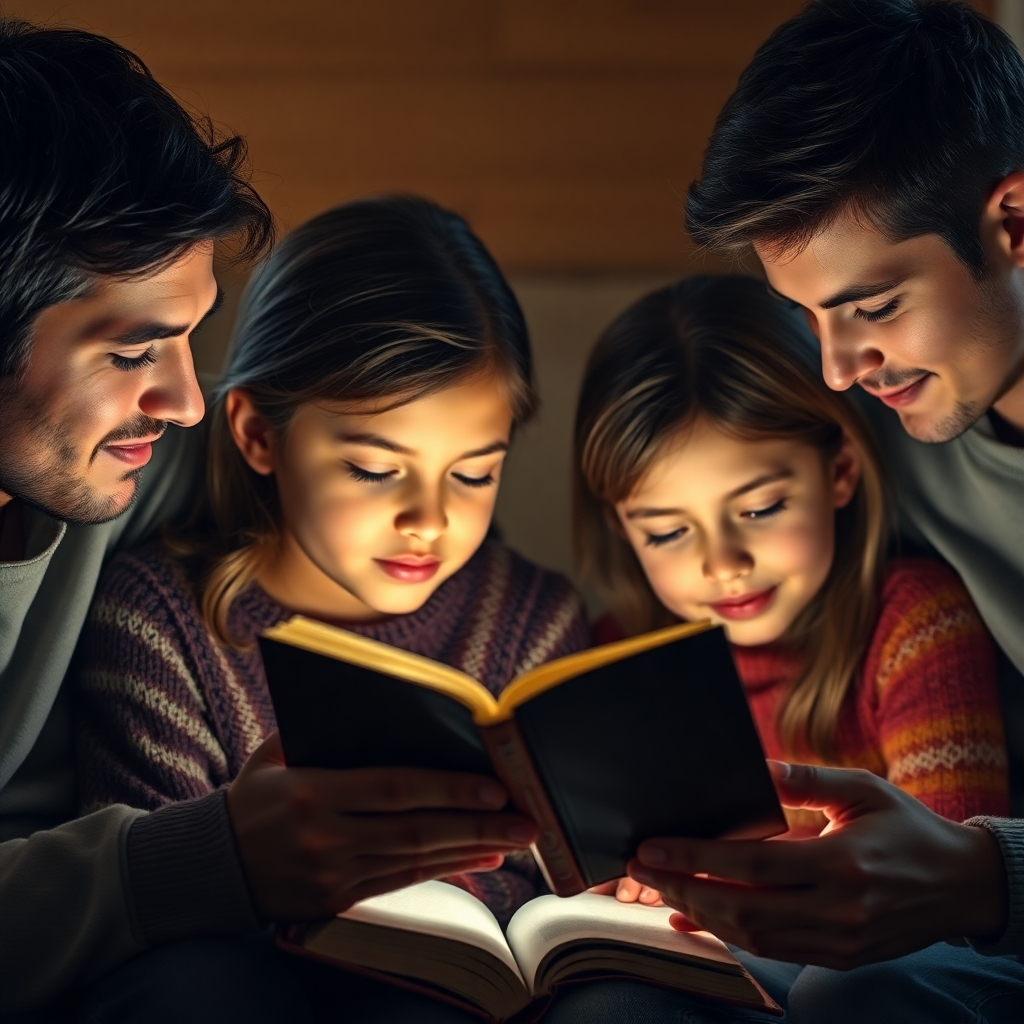 Photorealistic image of a family reading the Bible together. Warm lighting. Focus on the family's expressions. 4K resolution.