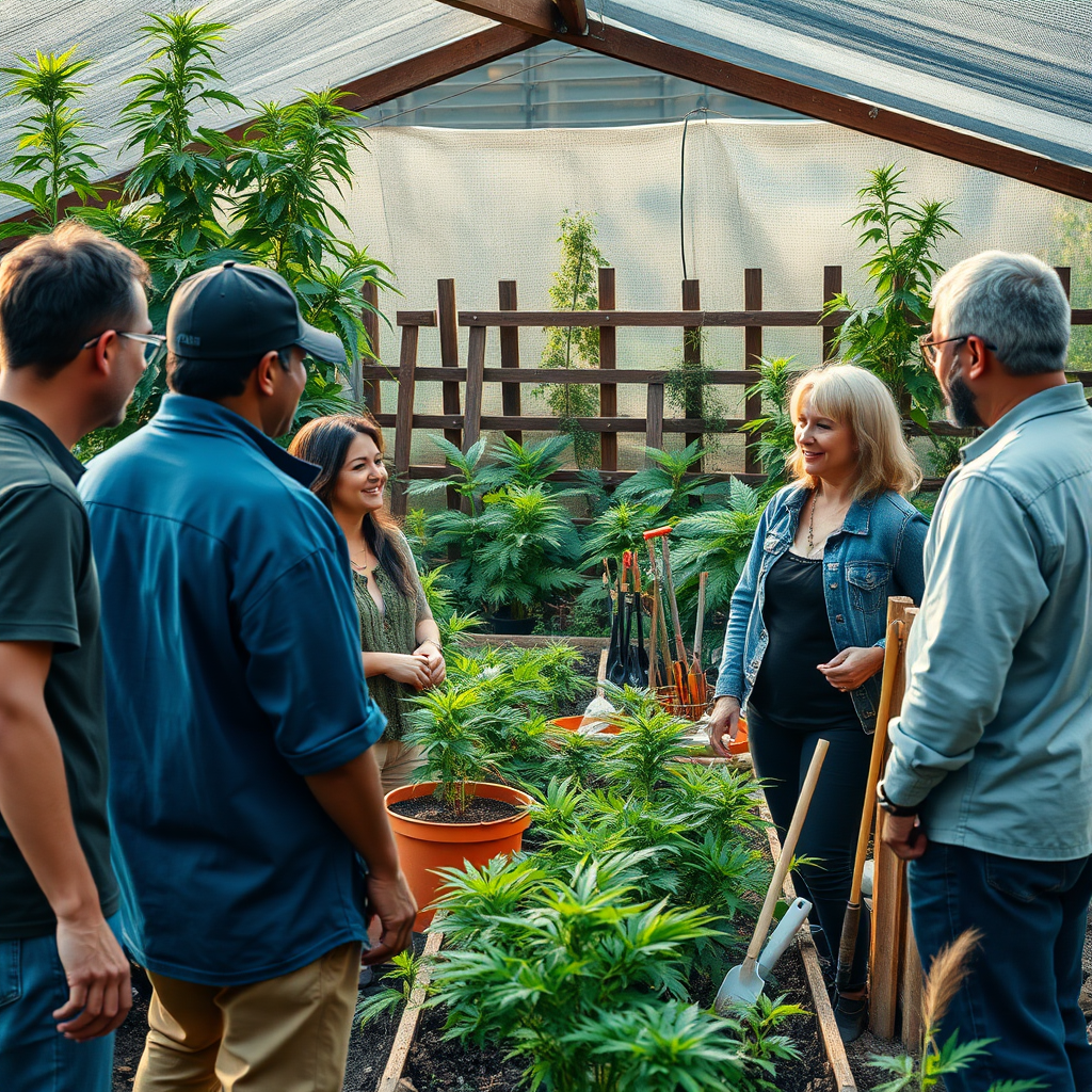 Photorealistic image of a group of people gathered in a community garden, discussing cannabis cultivation. The atmosphere should be friendly and collaborative. The background should feature a variety of plants and gardening tools. The lighting should be warm and inviting, emphasizing the sense of community. Style: Documentary photography. 4K resolution.