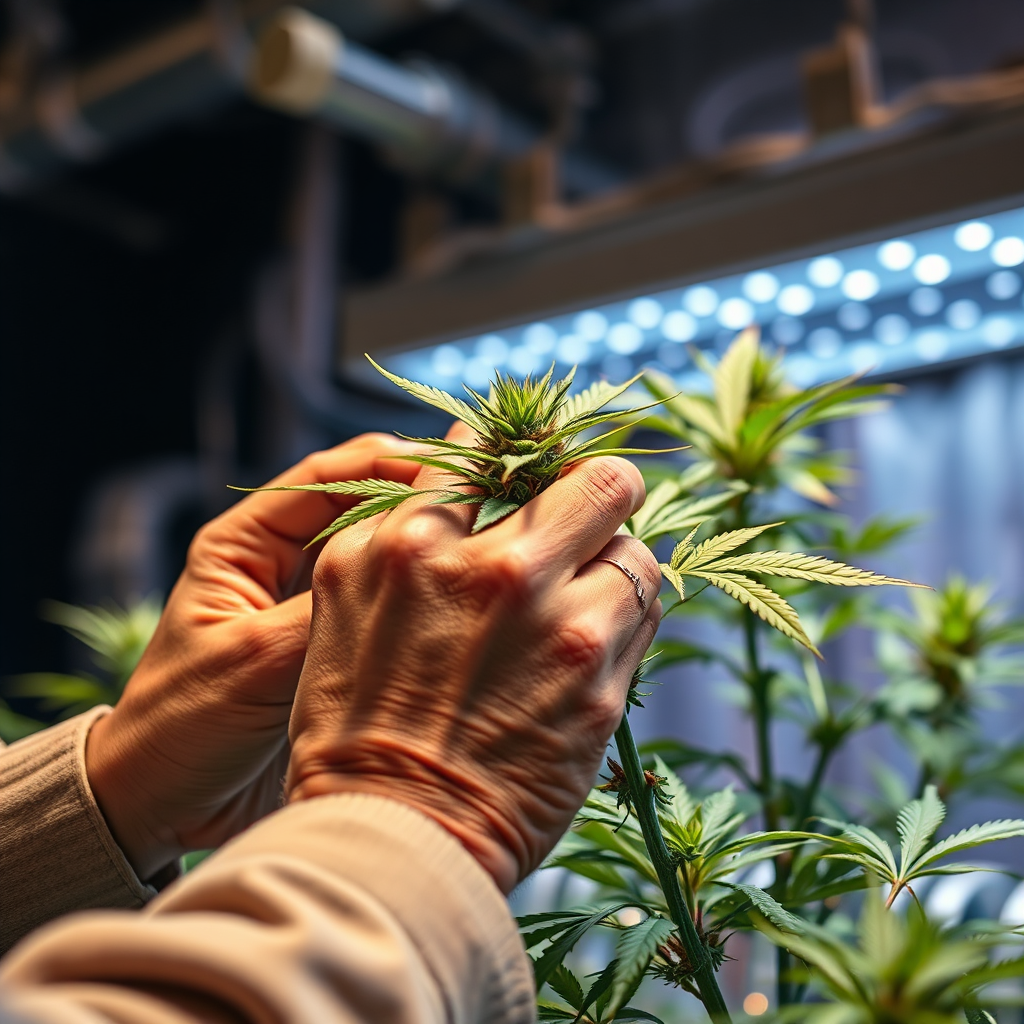 Photorealistic image of a grower's hands carefully tending to a cannabis plant. The hands should be weathered and experienced, conveying a sense of expertise and care. The plant should be healthy and vibrant, showcasing its lush foliage. The background should be a blurred image of an indoor grow setup, with visible grow lights and ventilation equipment. The lighting should be warm and inviting, emphasizing the nurturing aspect of gardening. Style: Horticultural photography. 4K resolution, shallow depth of field.