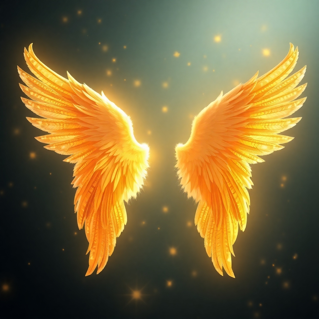 Photorealistic image of angelic wings, gently shimmering with gold light, against a background of stars. 4K resolution. Style: Elegant and serene, focus on light and movement.