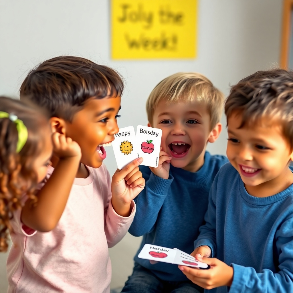Photorealistic image of children excitedly using flashcards to learn the days of the week, emphasizing interaction and engagement.