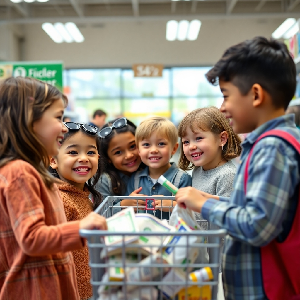 Photorealistic image of children engaged in a role-playing activity, simulating a trip to the store where they make decisions about budgeting and spending.  Show children having fun while making smart purchasing decisions. 4K resolution, natural lighting, diverse group of children.