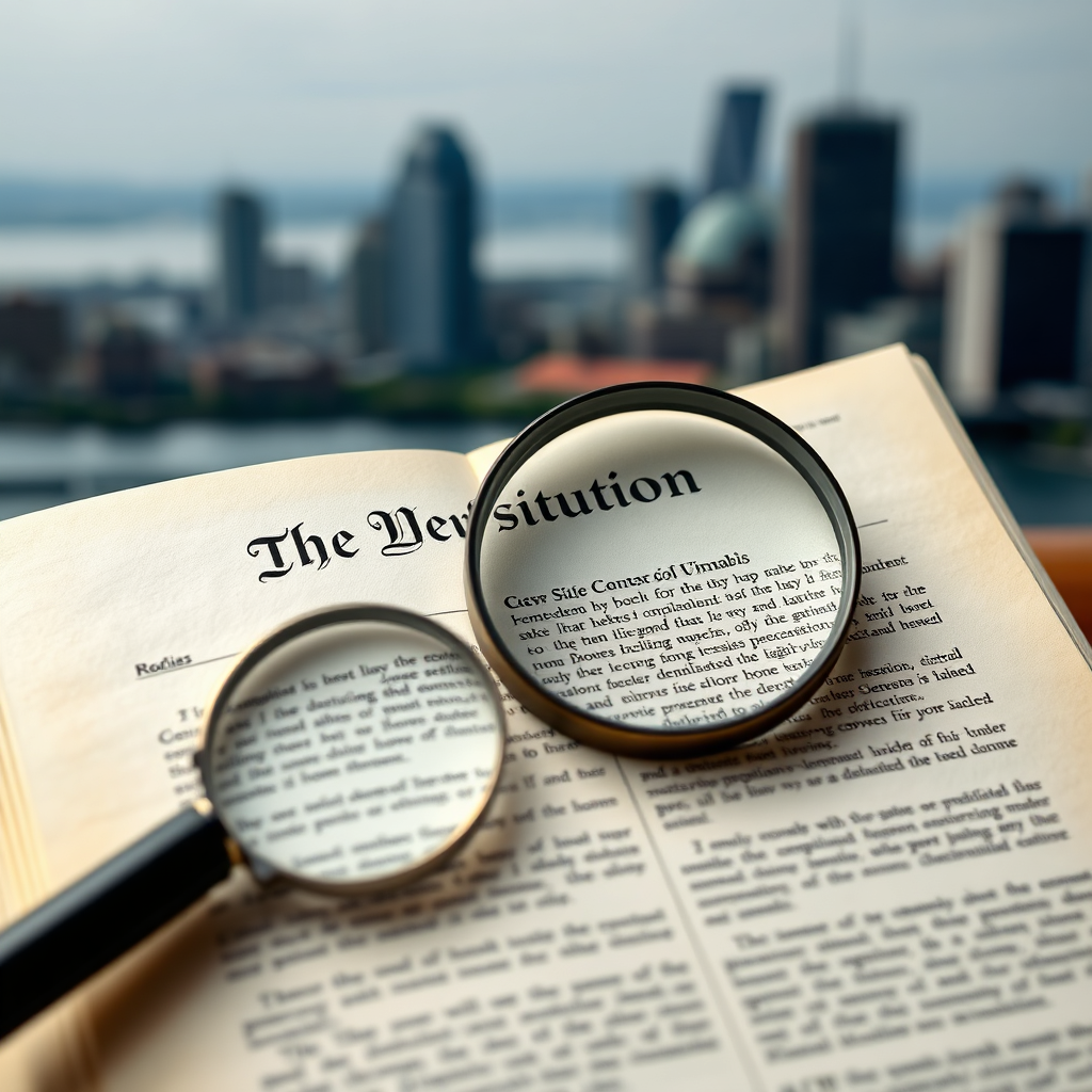 Photorealistic image of the Virginia state constitution, open to a page detailing cannabis regulations. A magnifying glass is positioned over the relevant text, highlighting the key provisions related to home growing. The background should be a blurred image of the Norfolk skyline, symbolizing the local context. The lighting should be bright and even, emphasizing the clarity and importance of the legal document. Style: Documentary photography. 4K resolution, sharp focus.