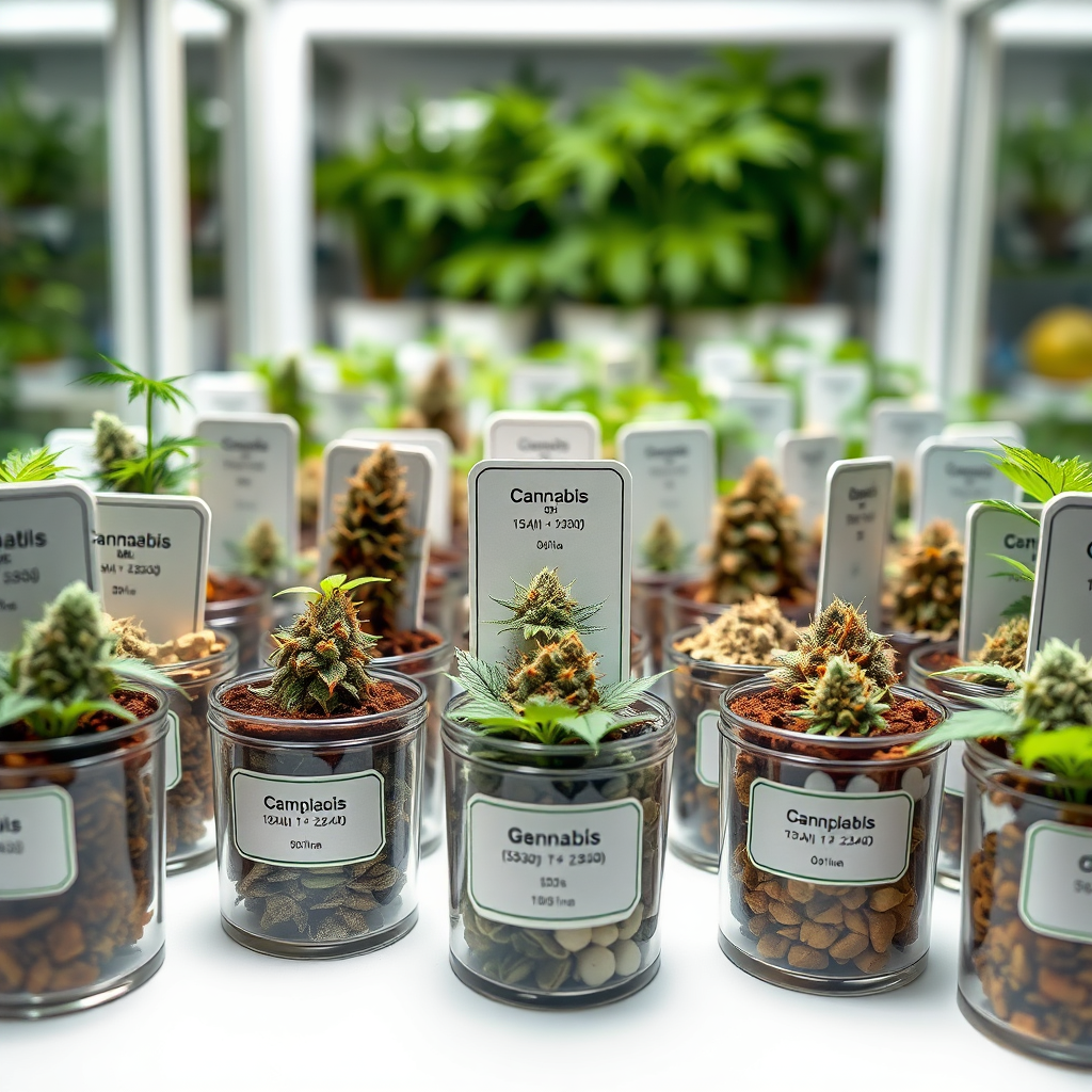 Photorealistic image showcasing a variety of cannabis seeds and seedlings in small, labeled containers. The seeds should be visually appealing and diverse, representing different strains and genetics. The background should be a clean and professional environment, suggesting a reputable source. The lighting should be bright and even, emphasizing the quality of the seeds. Style: Product photography. 4K resolution.