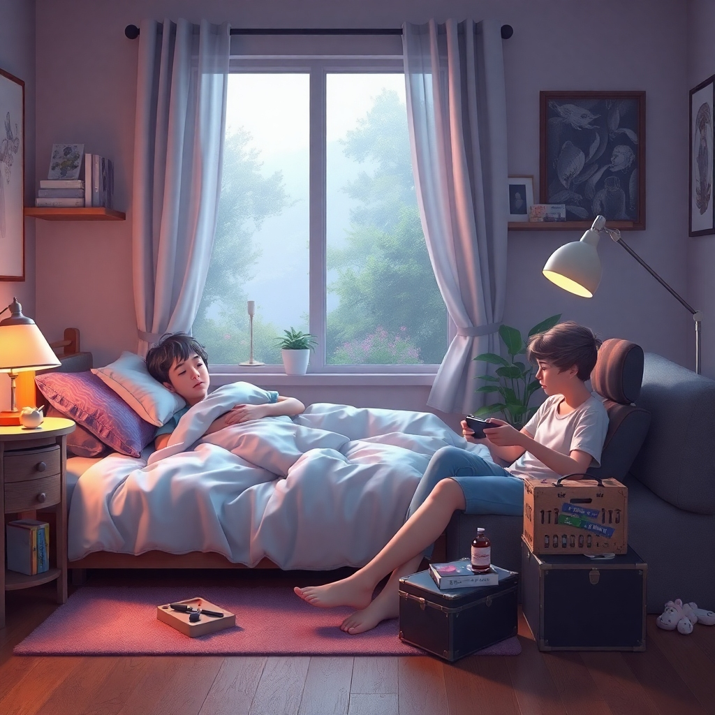 Photorealistic image showcasing relaxing weekend activities: sleeping late, playing games, etc. Use soft lighting, and calm, inviting colors. A detailed style to enhance the scene's relaxing feel.