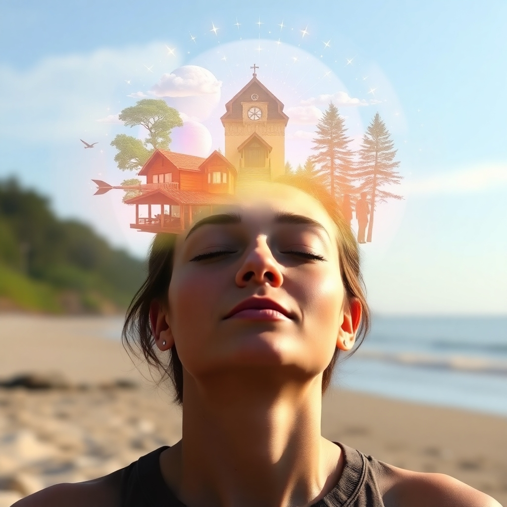 Photorealistic image showing a person meditating with their eyes closed. Emanating from their forehead is a vibrant, holographic projection of their desired future – a beautiful home, a thriving career, and loving relationships. The background is a peaceful natural setting, such as a beach or a forest. The overall tone is hopeful and inspiring, emphasizing the power of the mind to shape reality.