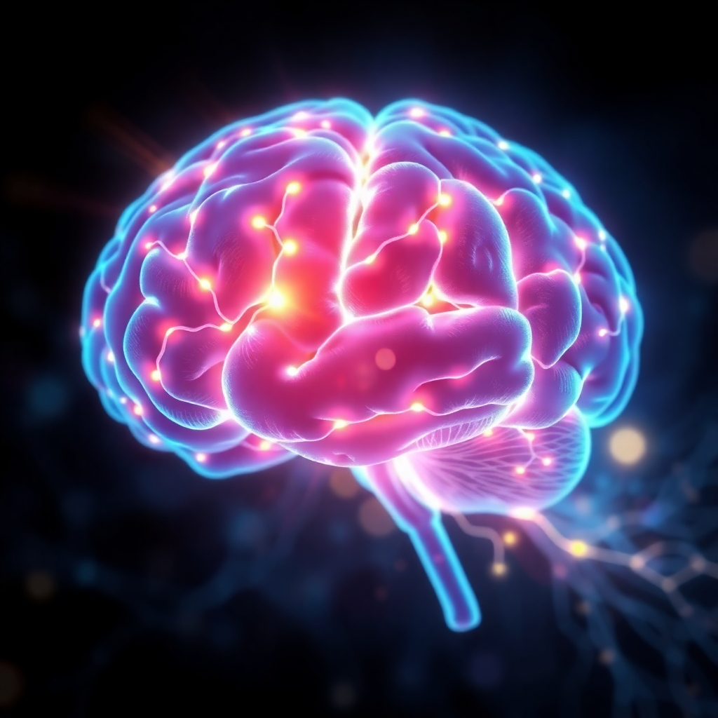 Photorealistic or stylized image of a brain with glowing neural connections, symbolizing positive mental energy. Colors should be bright and calm.