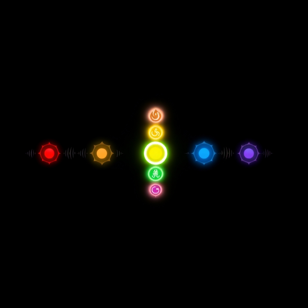 Seven glowing chakra symbols aligned vertically against a dark background. Each symbol emits a different color corresponding to the chakra: red, orange, yellow, green, blue, indigo, and violet. Subtle sound waves emanate from each symbol. Style: Mystical and energetic. Technical specs: High-resolution, digital rendering.