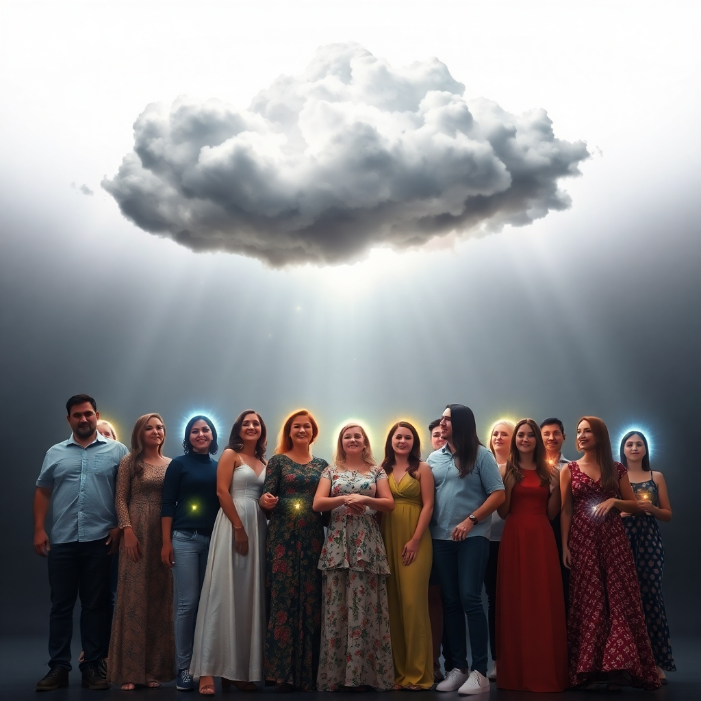 Show a diverse group of people standing together, each emitting a unique frequency of light and sound. Their combined energy is dissolving a dark, oppressive cloud above them. Style: United, hopeful, and powerful.