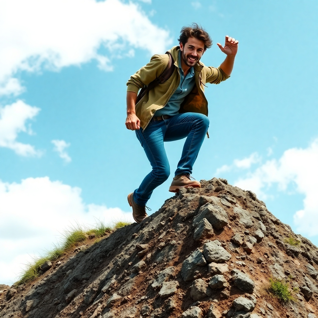 Show a person confidently overcoming a challenging obstacle, such as climbing a steep hill or solving a complex puzzle. The focus is on their determination and perseverance. Style: Photorealistic, dynamic.