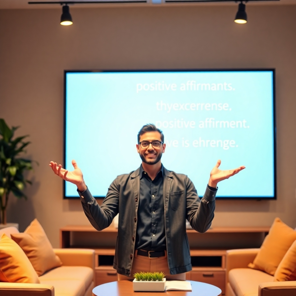 Show a person confidently presenting on a screen, positive affirmations subtly appear in the background. The individual is radiating self-assurance and expertise. Use warm, inviting colors and a comfortable setting to promote positive learning. Style: Photorealistic, capturing the feeling of empowerment and growth.